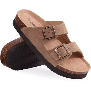 suède platform sandaal beige met dubbele gesp