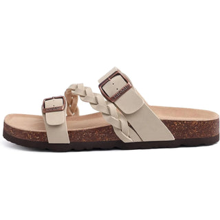 beige dames sandaal met vlechtwerk en kurken voetbed