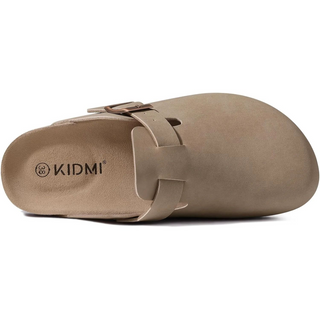 taupe imitatieleren clog aan de zijkant met kurken voetbed
