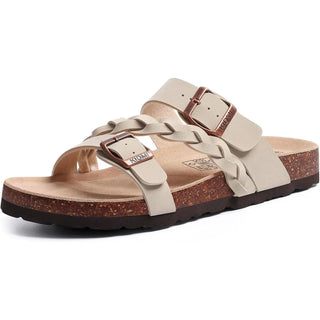 beige women's sandal with braid and cork footbed