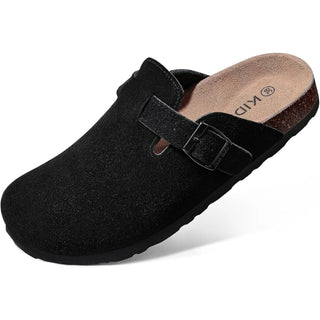 suède clog zwart met kurken voetbed voor heren en dames
