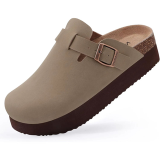 Taupe imitatieleren platform clog met kurken voetbed