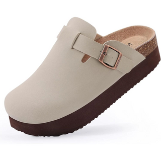 Taupe imitatieleren platform clog met kurken voetbed