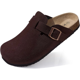 suède clog bruin met kurken voetbed voor heren en dames