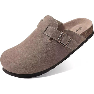 suède clog bruingrijs met kurken voetbed voor heren en dames