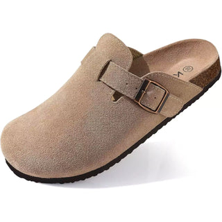 suède clog beige met kurken voetbed voor heren en dames
